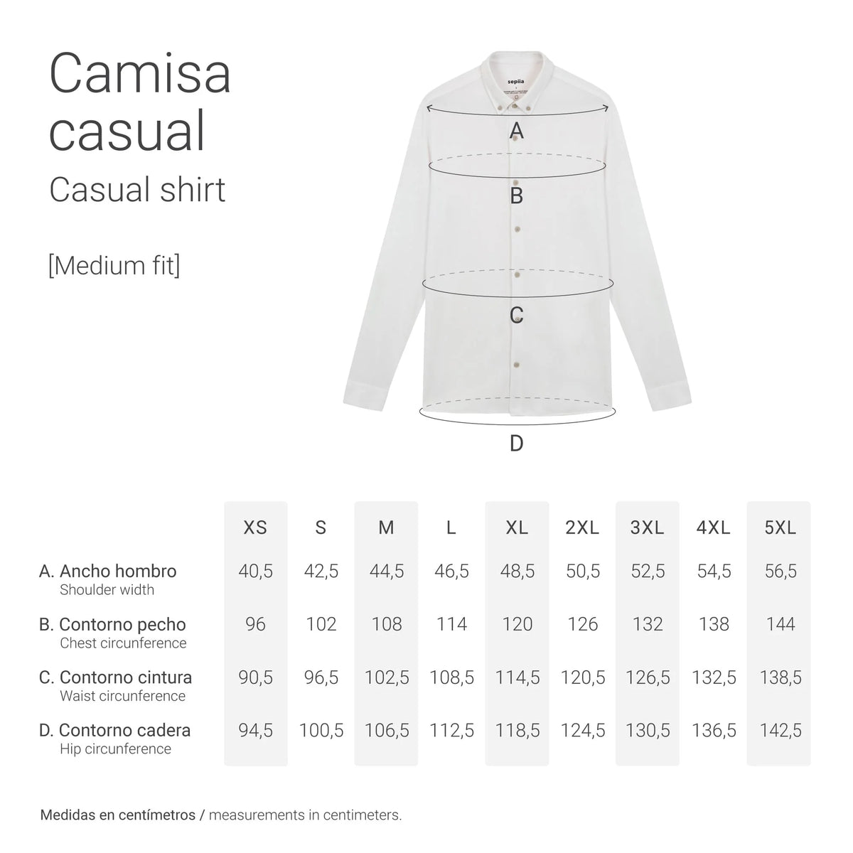 tabla medidas camisa casual