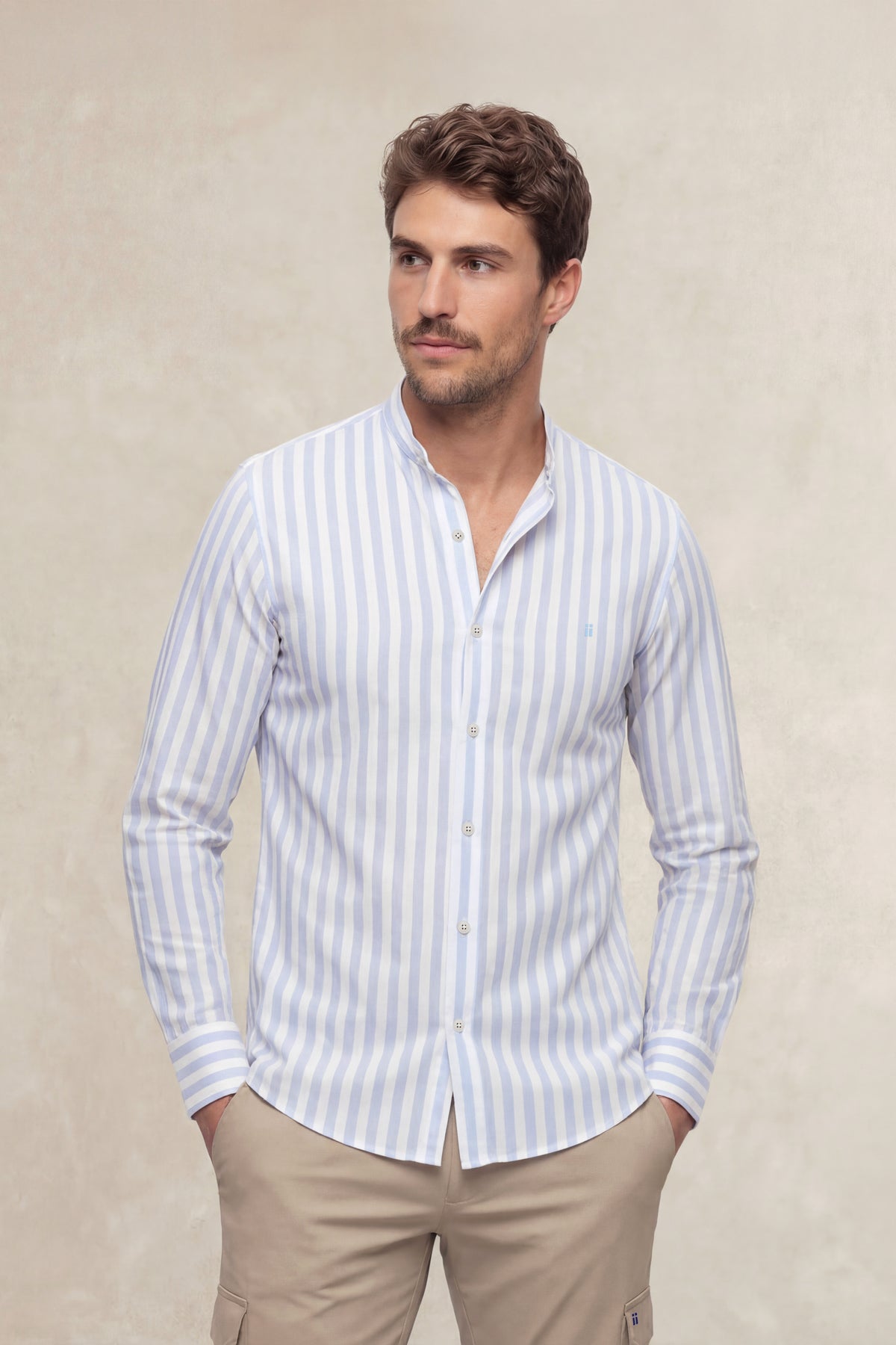 Camisa casual cuello mao hombre estampado rayas azul regular