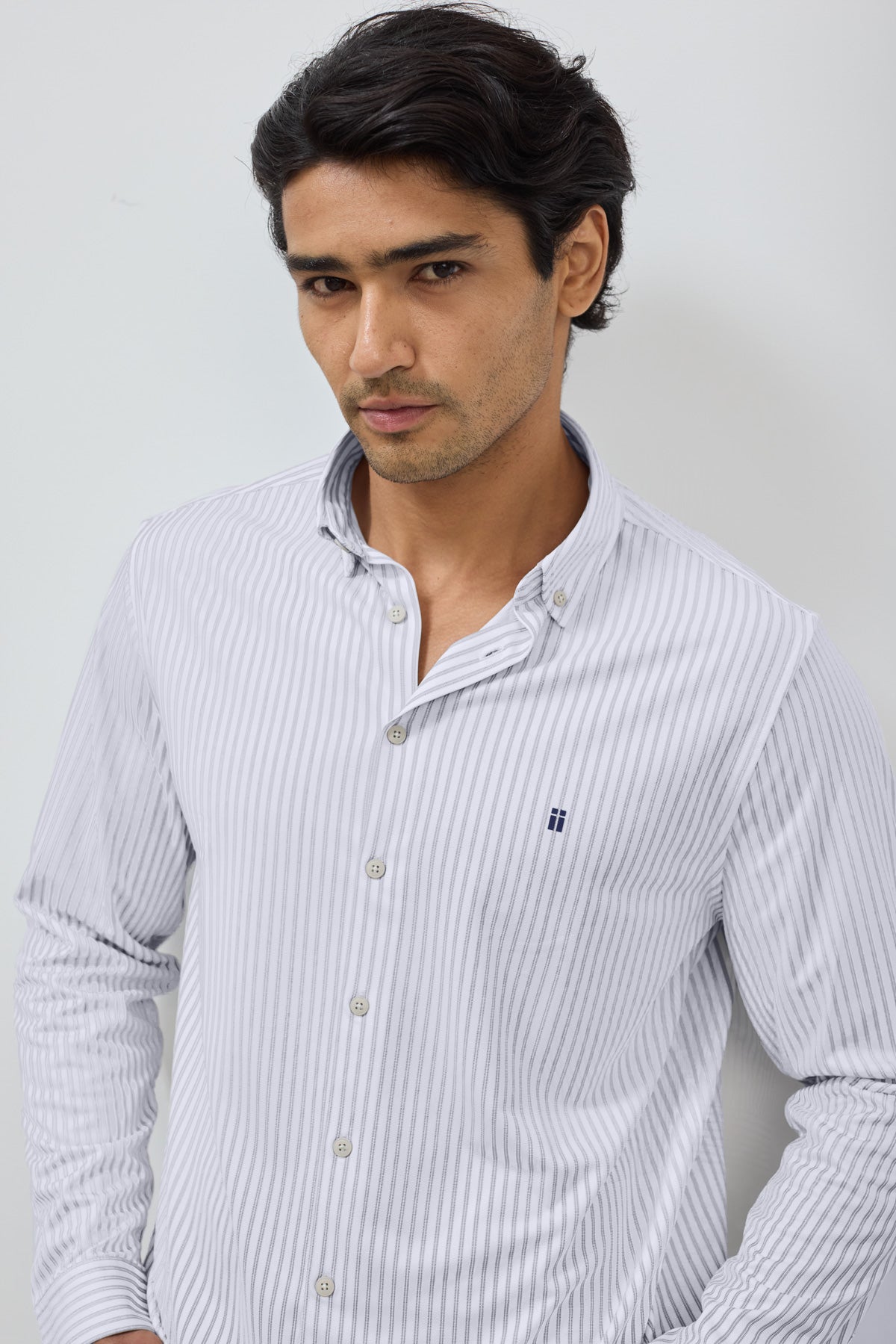 Men's casual shirt with regular gray striped print