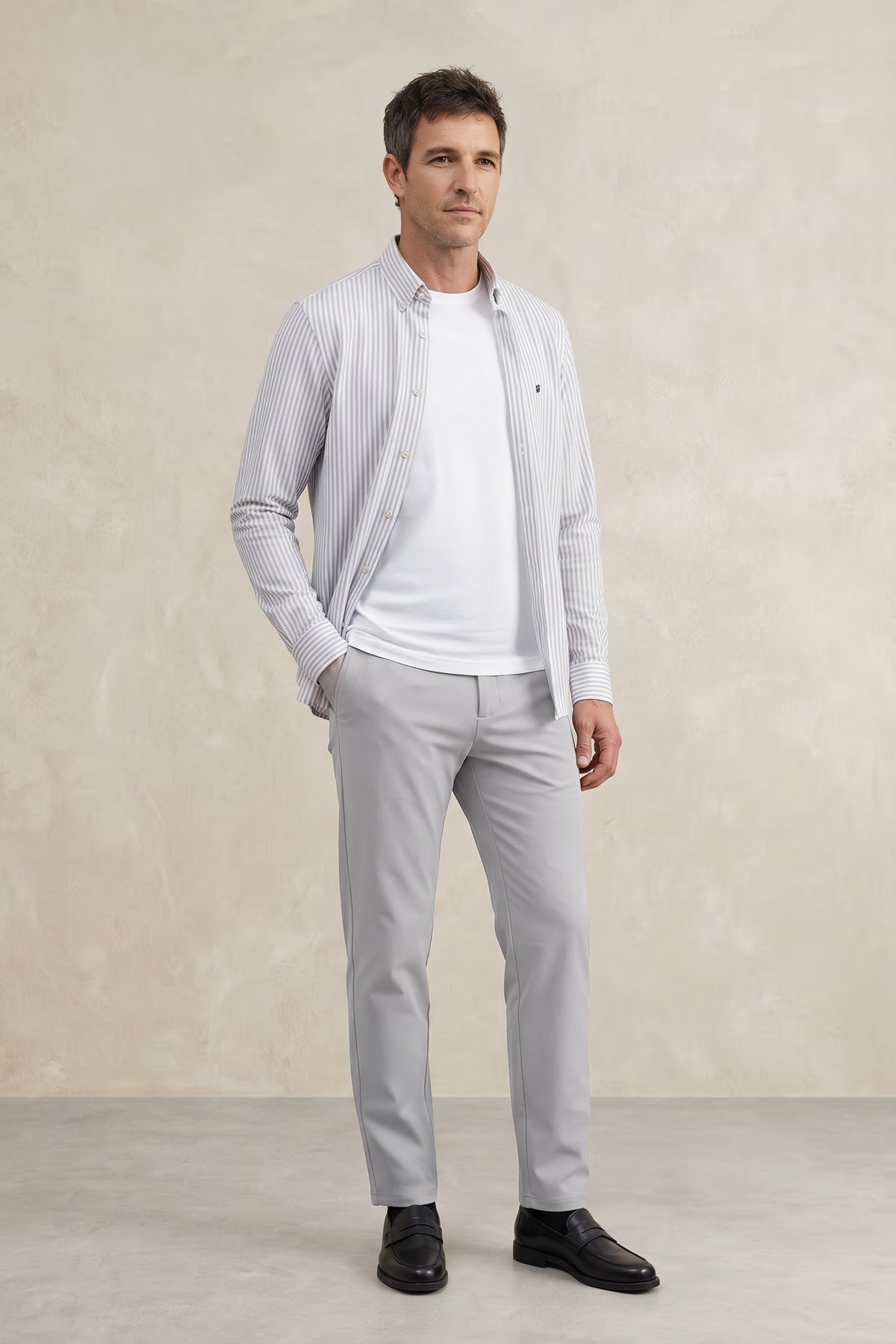 Camisa casual hombre estampado rayas gris regular