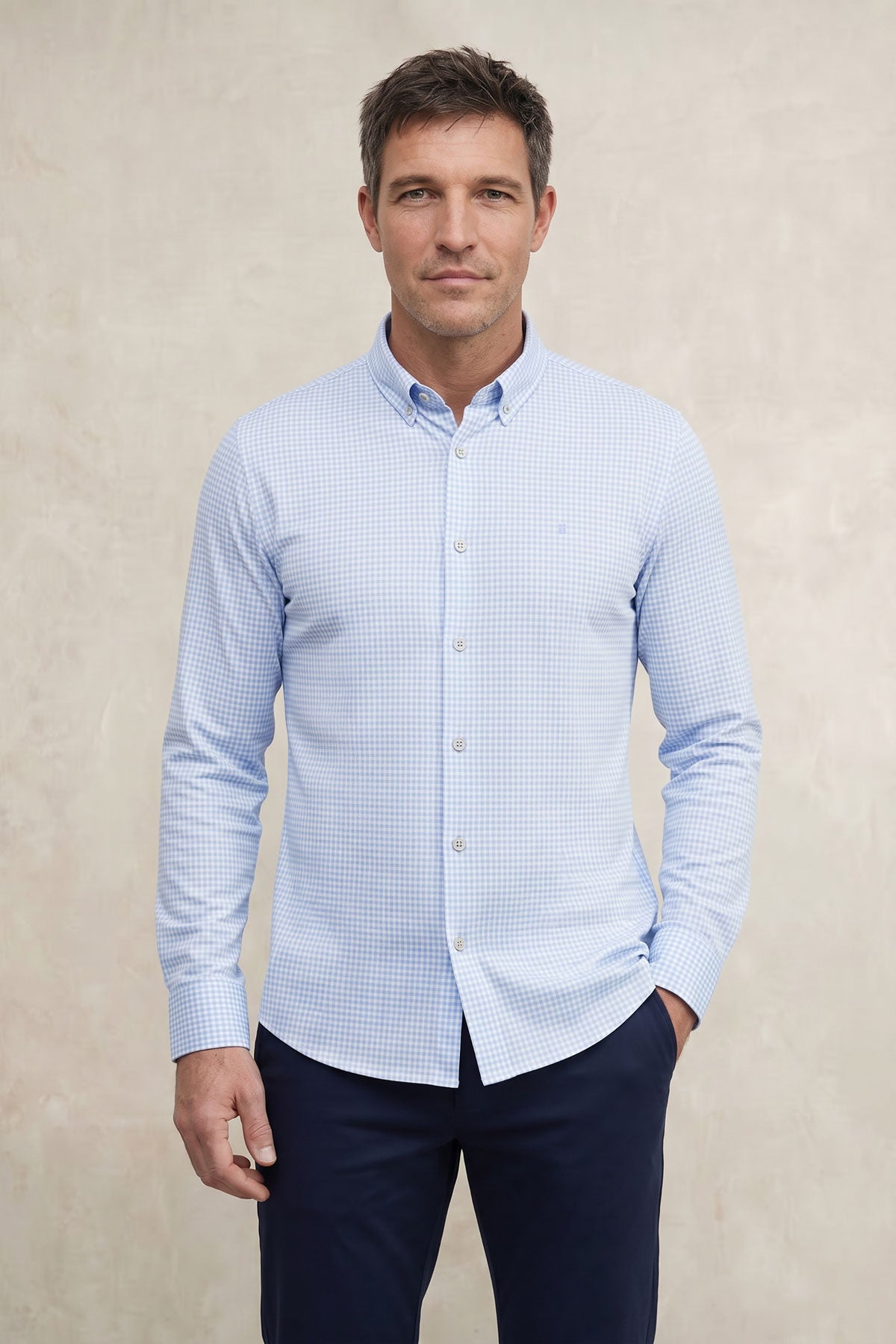 Camisa casual hombre estampado vichy azul regular