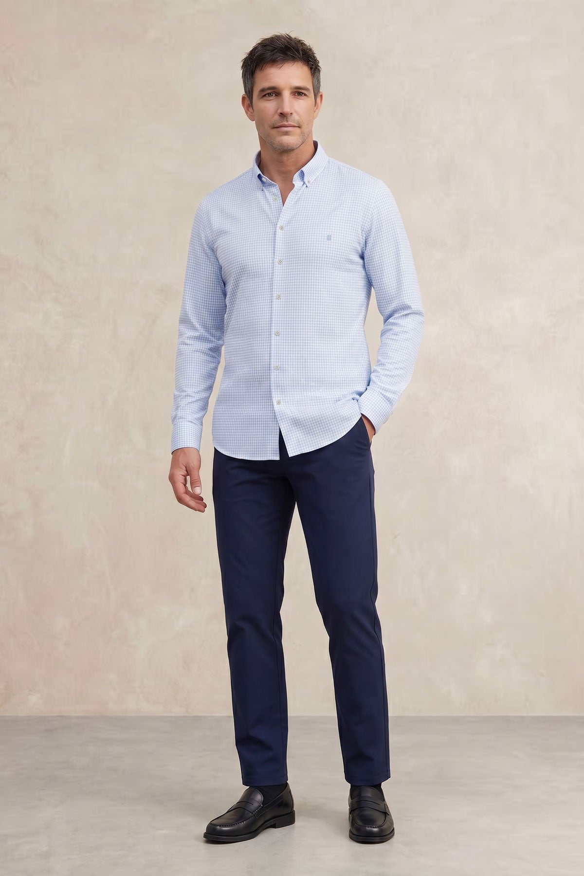 Camisa estampado vichy azul celeste casual regular hombre