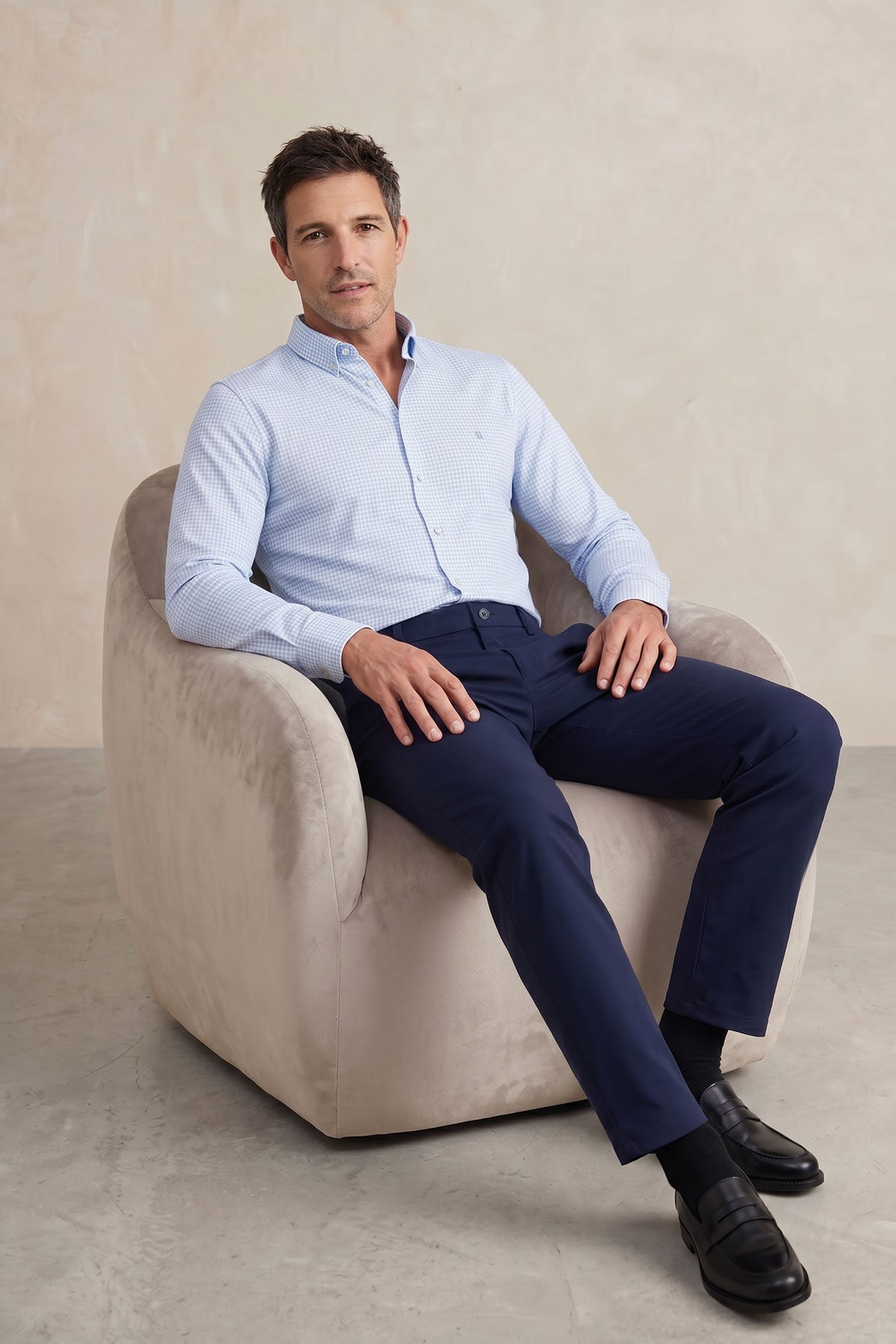 Camisa casual hombre estampado vichy azul regular