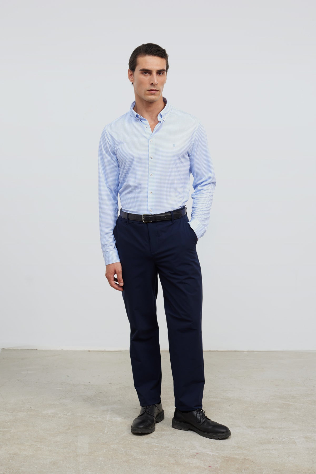 Camisa casual hombre estampado vichy celeste regular cuerpo entero 