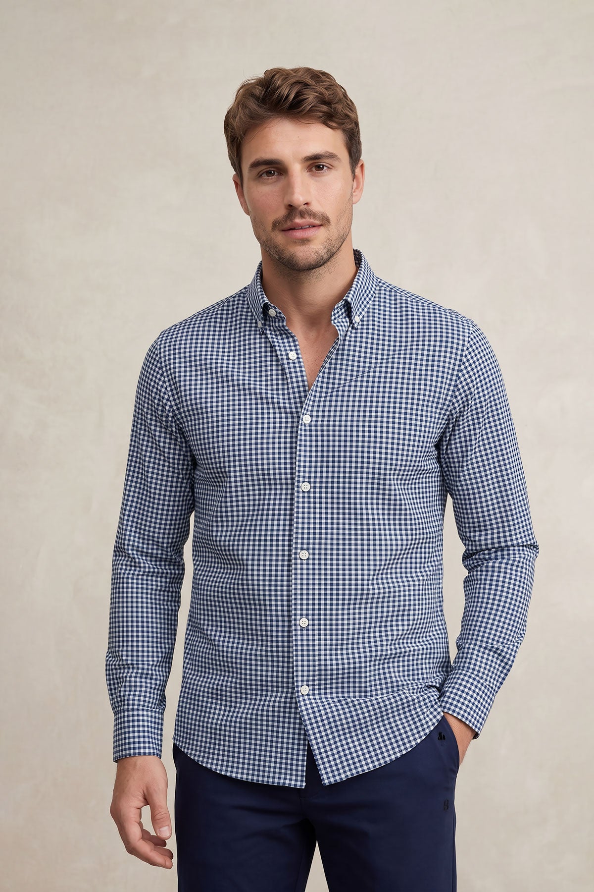 Camisa casual para homem com estampado xadrez azul marinho regular