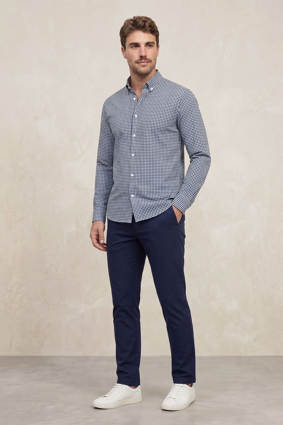 Camisa casual para homem com estampado xadrez azul marinho regular
