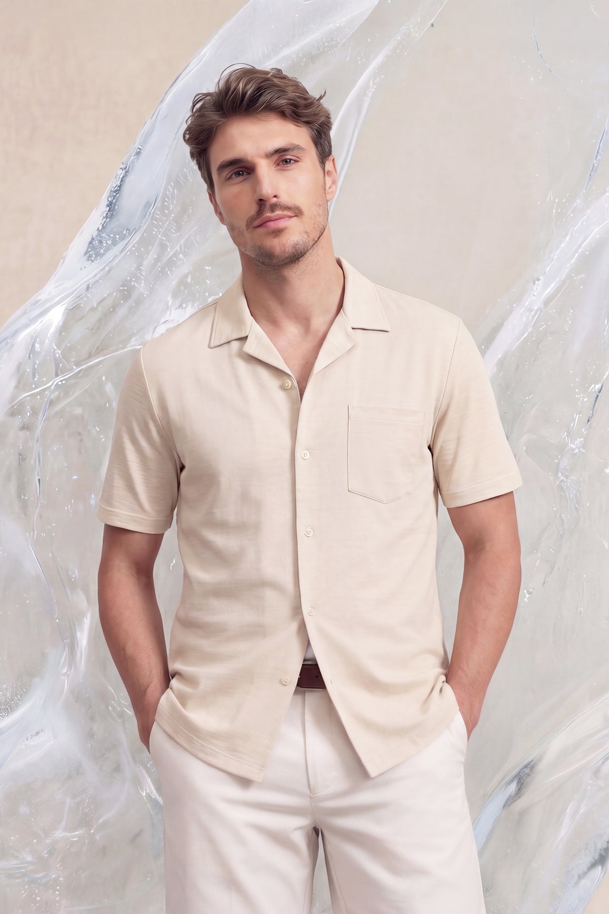 Camisa de boliche masculina ICE manga curta bege mesclada