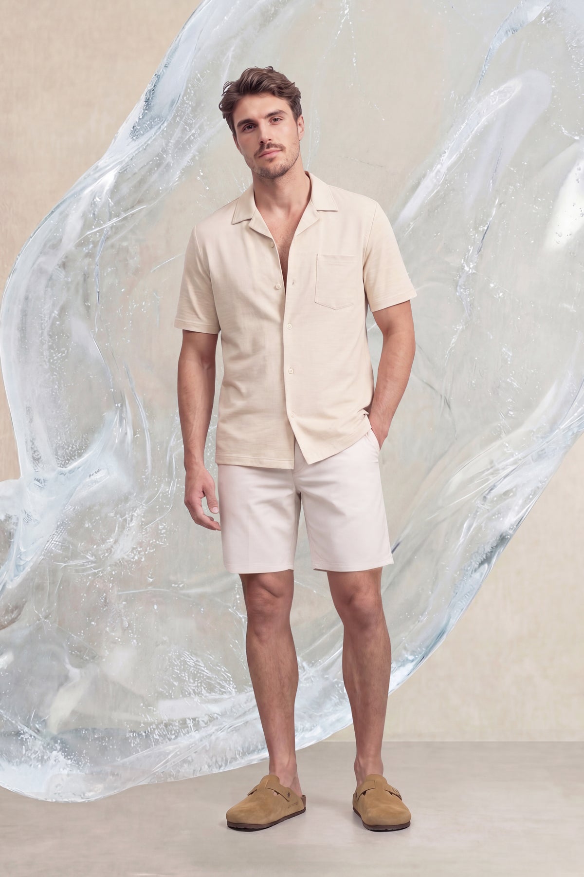 Camisa de boliche masculina ICE manga curta bege mesclada