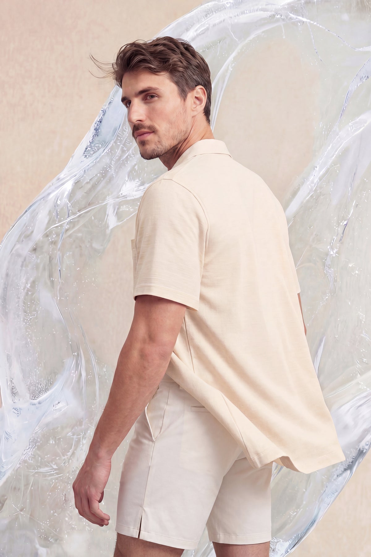 Camisa de boliche masculina ICE manga curta bege mesclada