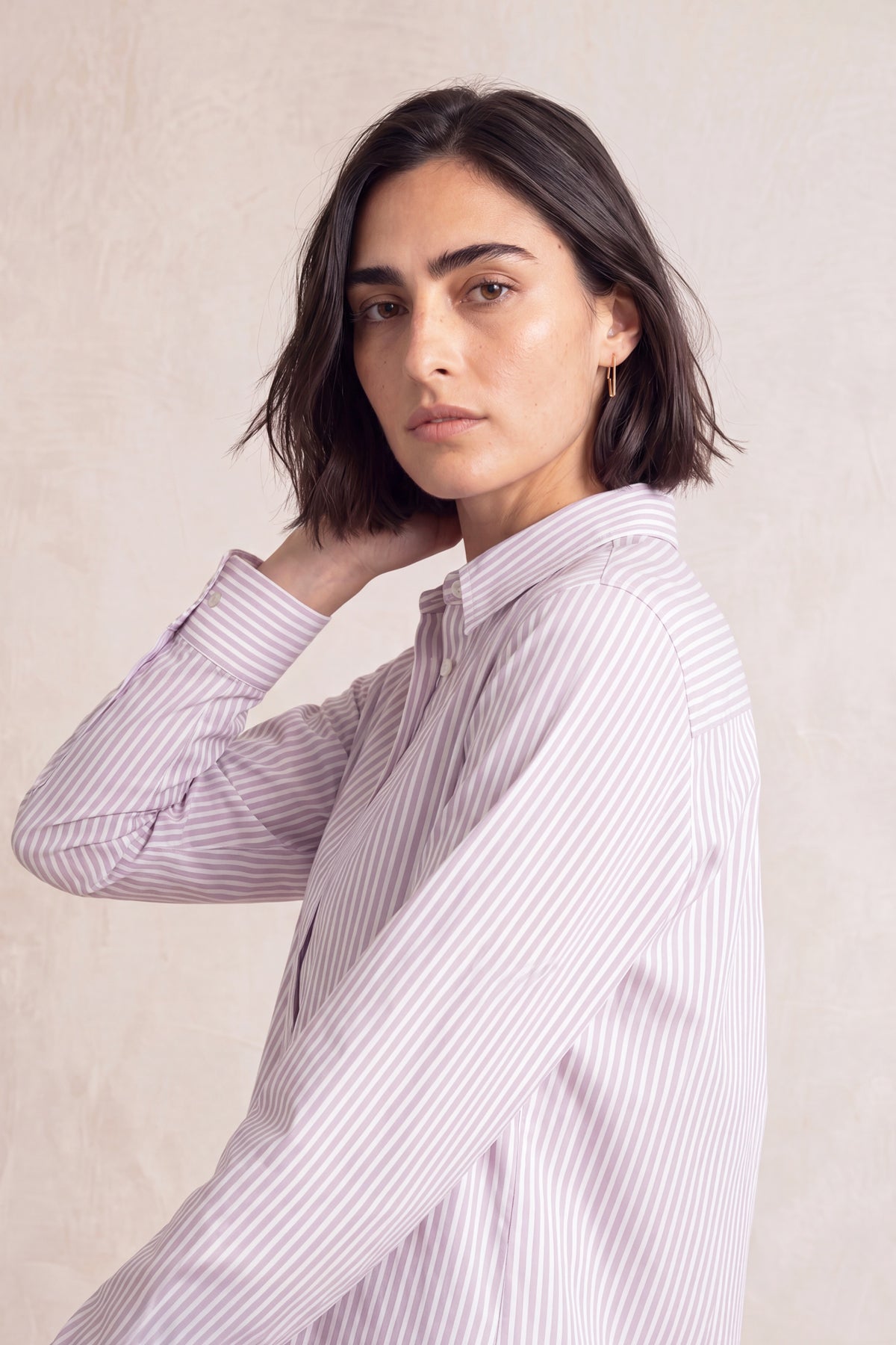 Camisa mujer formal over raya doble tono rosa