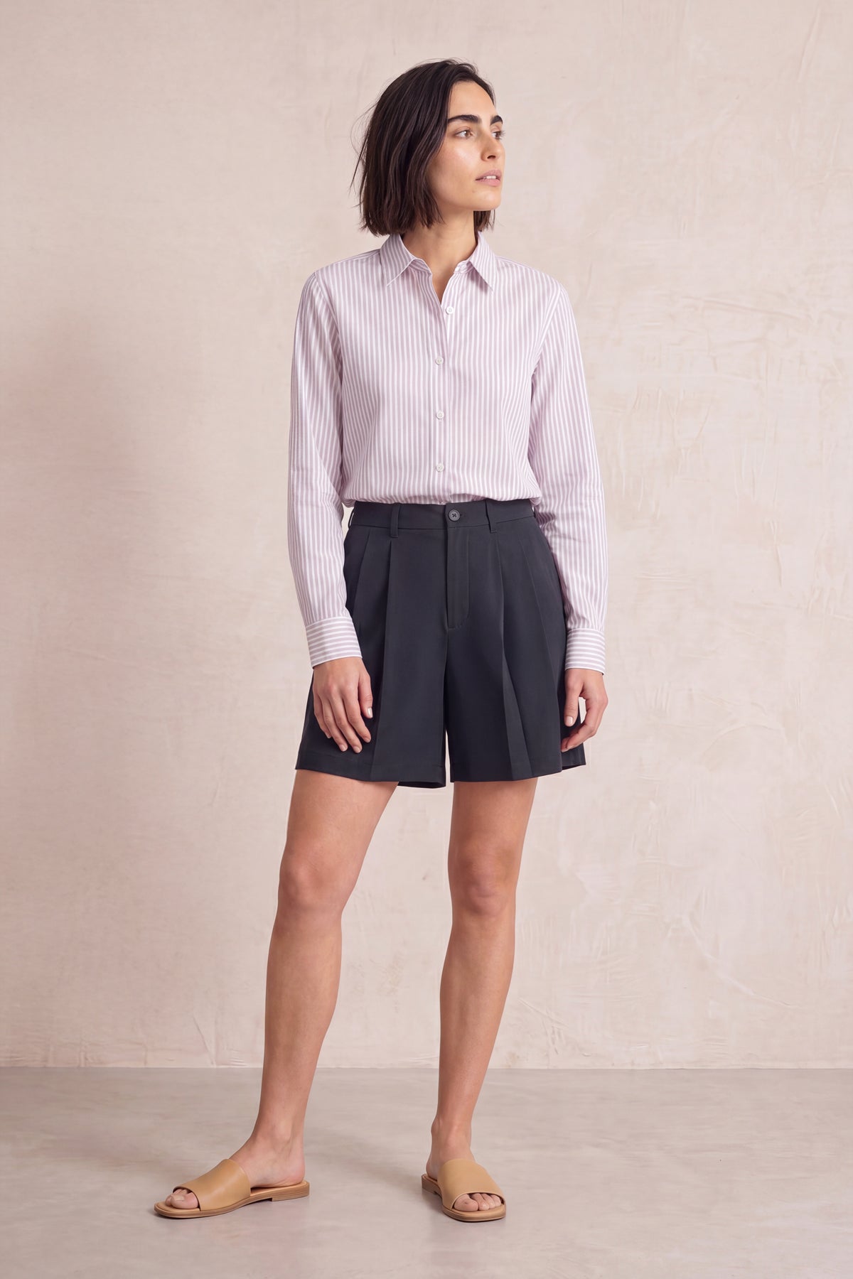 Camisa mujer formal over raya doble tono rosa